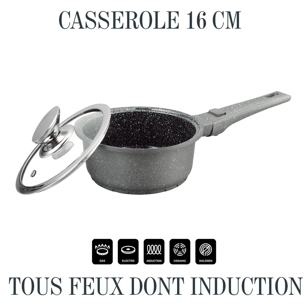 Lot Batterie de Cuisine Induction 13 Pièces Poêles, Marmites & Casserole en Fonte d'Aluminium – Manches Amovibles – Revêtement Céramique Antiadhésif sans PFOA/PFAS Tous Feux & Couvercles Verre (Gris)