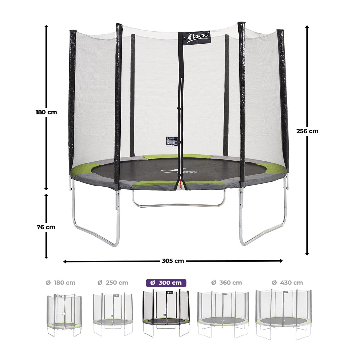 Kangui - Trampoline Rond avec Filet de sécurité, échelle, bâche et kit d'ancrage | Vert | Ø250 - Ø300 - Ø360 - Ø430cm | RALLI