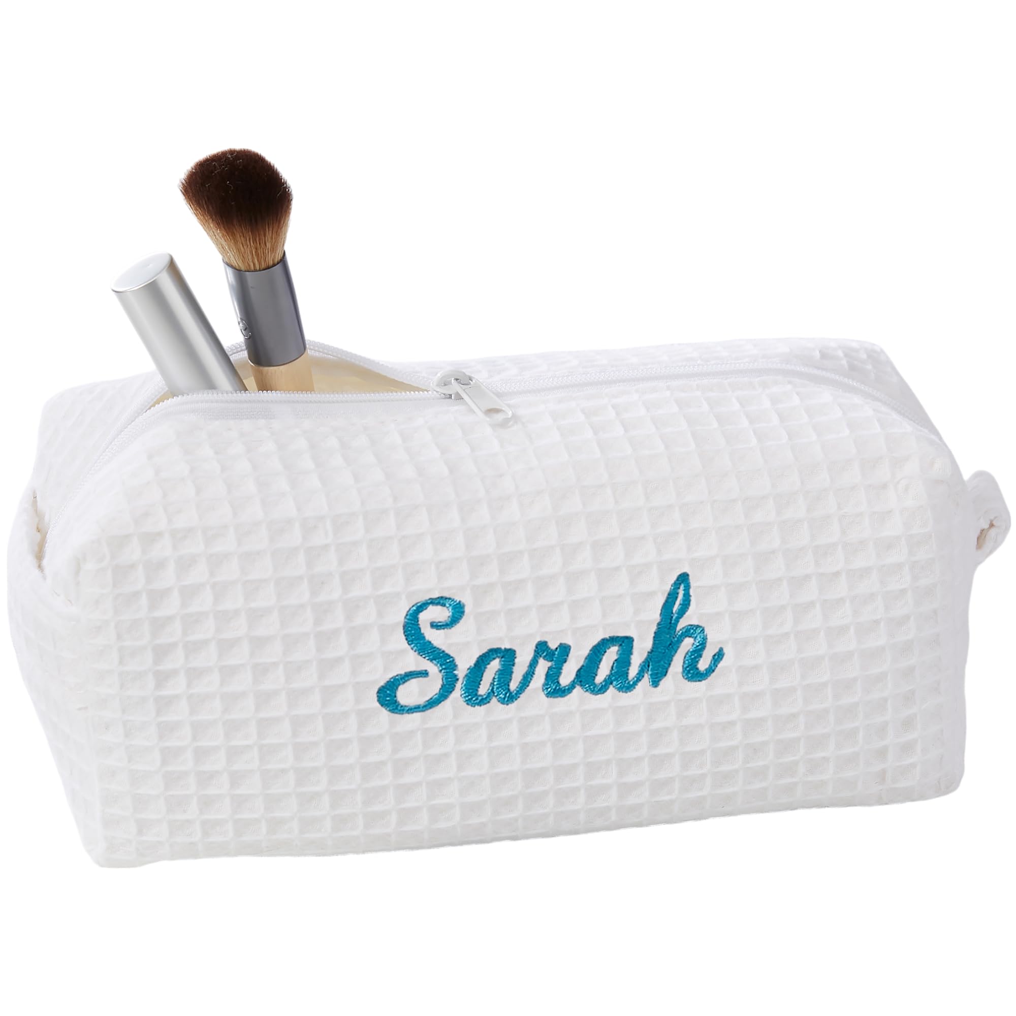 Personalization Universe Personalized Ladies Embroidered Makeup Bag - Waffle Weave, Machine Washable, Custom Name/Initial - Great Bridesmaid & Birthday Gift - Travel/Cosmetic Bag - White