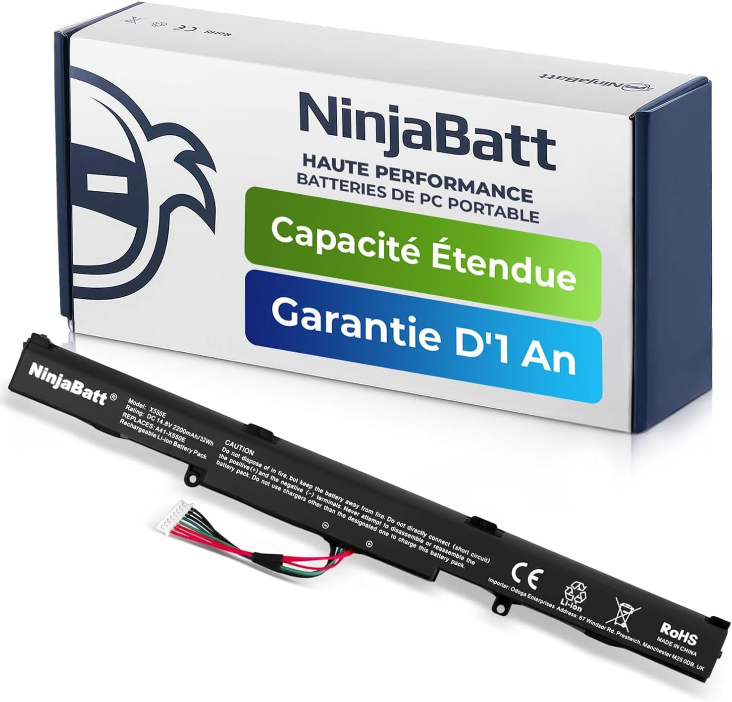 NinjaBatt Batterie A41-X550E R752L R751L pour ASUS X751L F751L K751L R751L R752L X450 X450E X450FJ A450J A450E X550E X550D X550V X550Z X550DP X550ZA X751M F450 F751MA - Longue Durée [33Wh/14.8v]