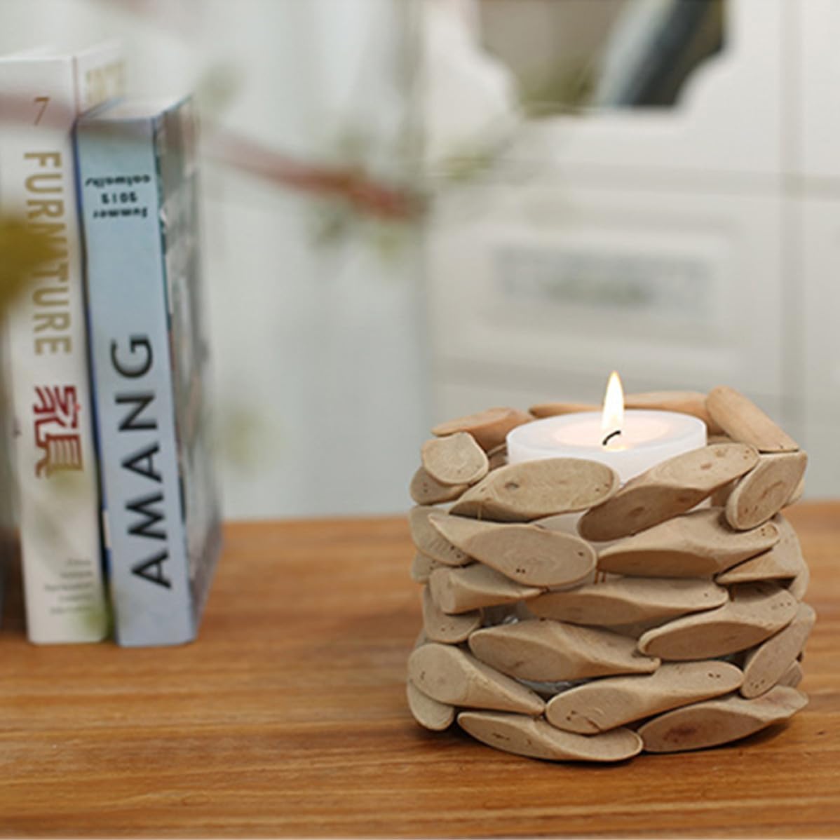 Portacandele Decorativo Rotondo in Legno, Artigianale, Khaki