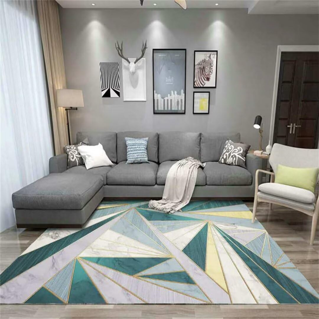Tapis lavable en machine bleu 50x80 cm à poils courts géométrique pour salon et chambre
