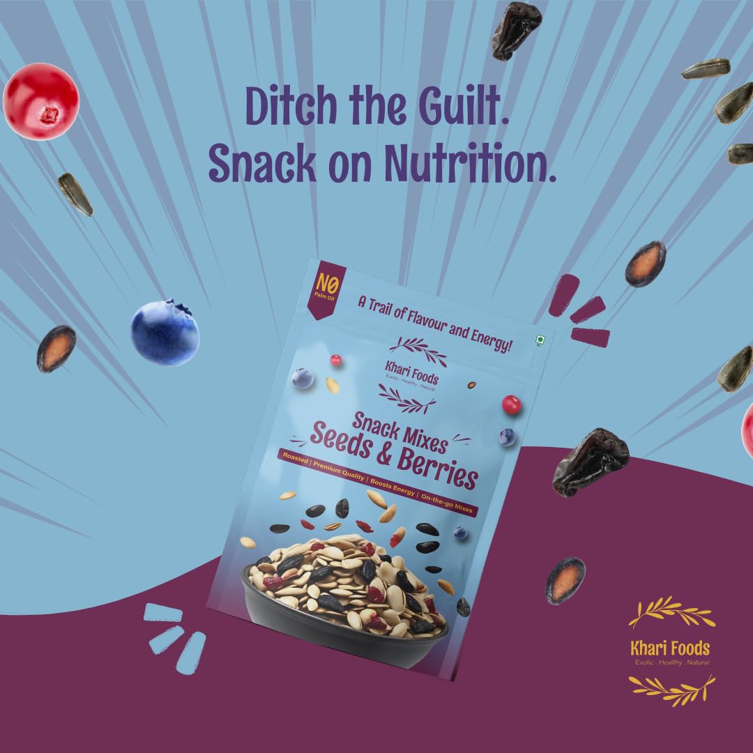 Khari Foods Seeds Berries Snack Trail Mix, 6 in 1 Mix, Roasted Pumpkin, Sunflower, Watermelon Seeds, Cranberries, Black Raisins, Blueberries, Fibre & Protein Rich, No Palm Oil (400g) 3