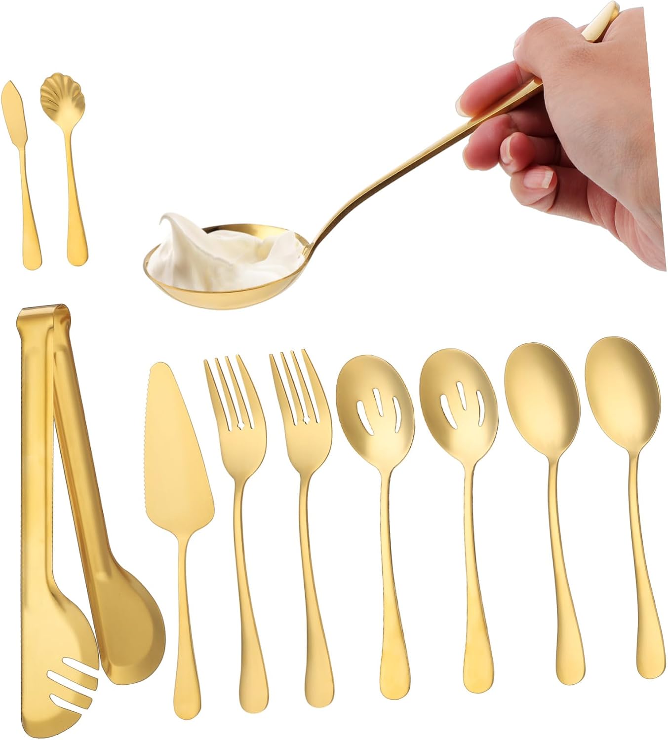 PRETYZOOM 11pcs Stainless Steel Serving Utensils Set Cutlery for Buffet Catering Parties Events Includes Spoons Tongs Forks Elegant Design Dishwasher Safe