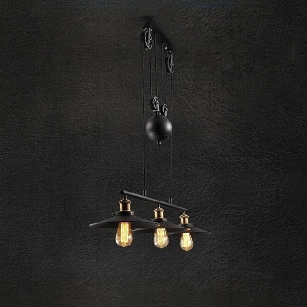 Lámpara Colgante Industrial Vintage, lámpara Colgante Retro con polea Ajustable para Subir y Bajar, candelabro Antiguo de Metal Negro con Forma de tubería de Agua.
