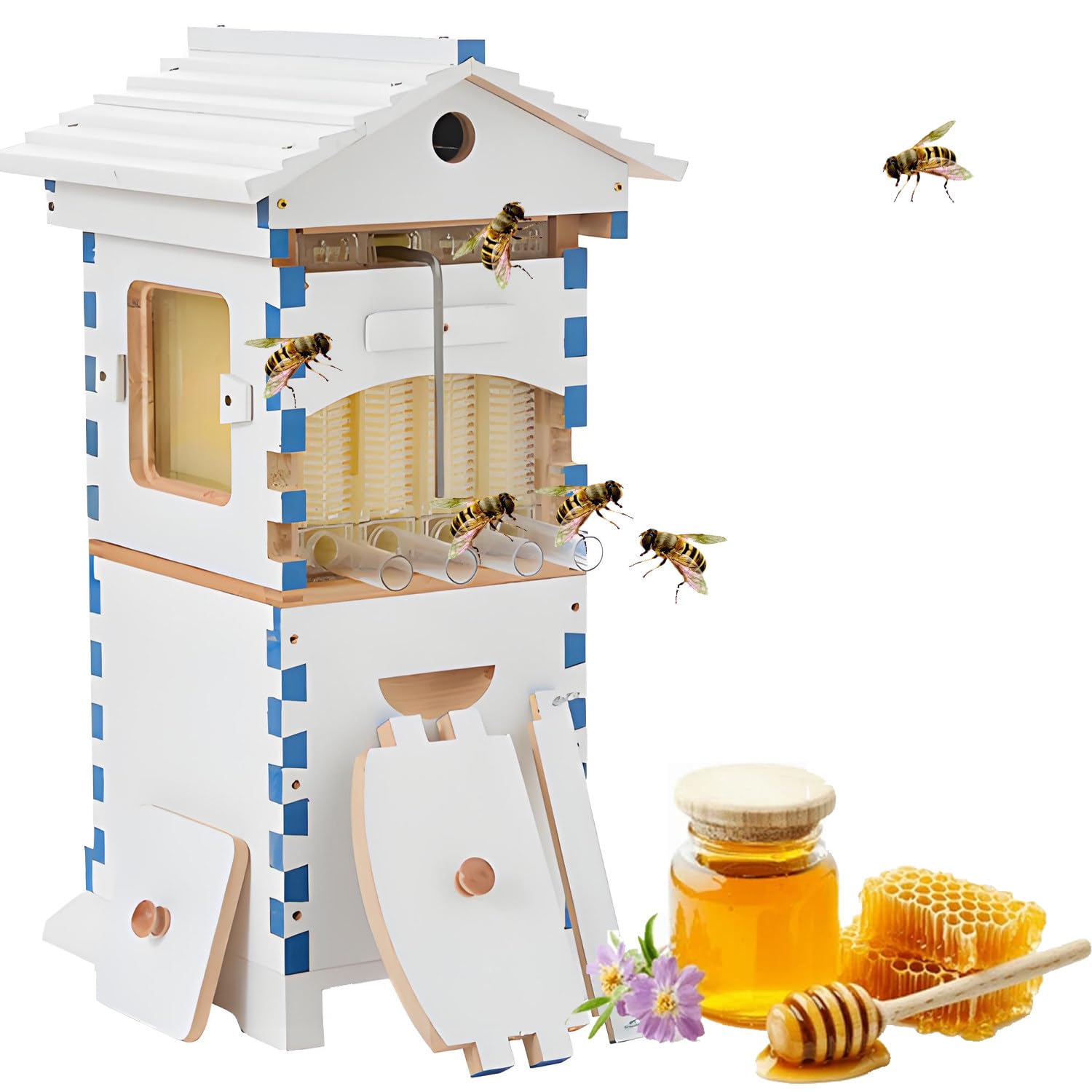Kit de démarrage de ruche avec boîtes en bois, 6 plateaux en nid d'abeille et 4 cadres, ensemble d'apiculture complet avec fenêtre d'observation et bec verseur miel