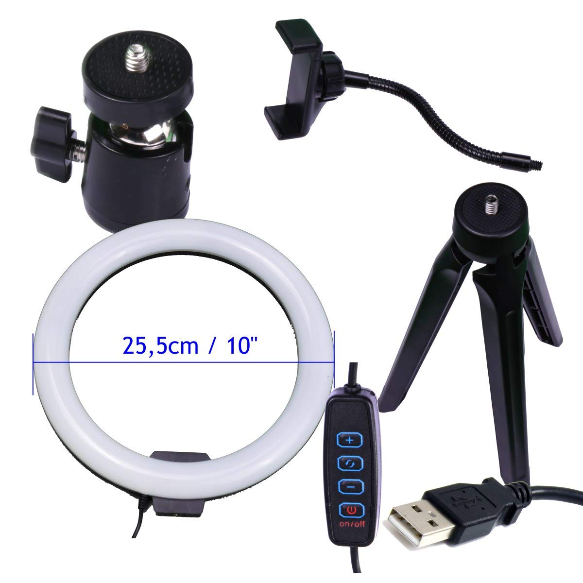 Jandei - Anillo Aro Selfie de Luz LED Tripode 10”/ 260mm con Soporte para el Móvil, Regulable 3 Modos de Iluminación con 10 Brillos para Videos, Fotografía, Youtube, TikTok, Instagram