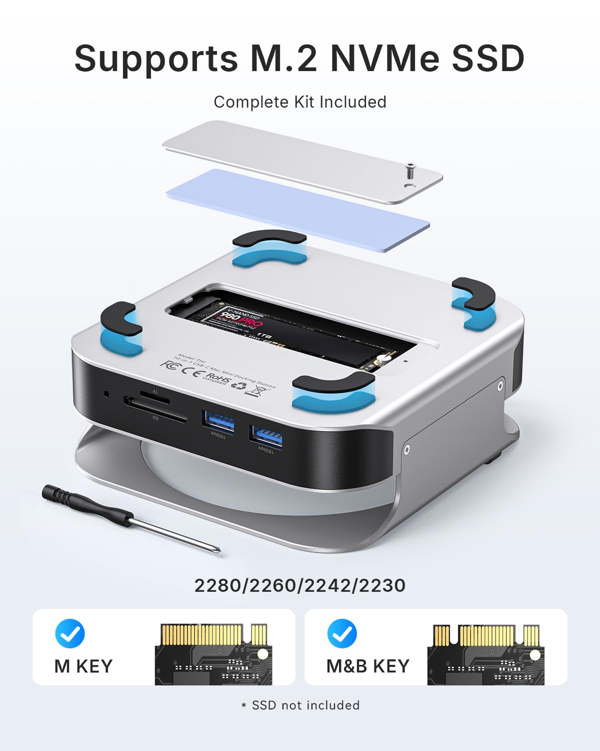 VENTION Dock 10-in-1 Mac Mini M4/M4 Pro con DisplayPort 4K@240Hz/144Hz, alluminio Hub con Alloggiamento M.2 NVMe fino a 8TB, 5 x 10Gbps USB-A & USB-C Ports, Lettore SD/TF, Audio 3.5mm