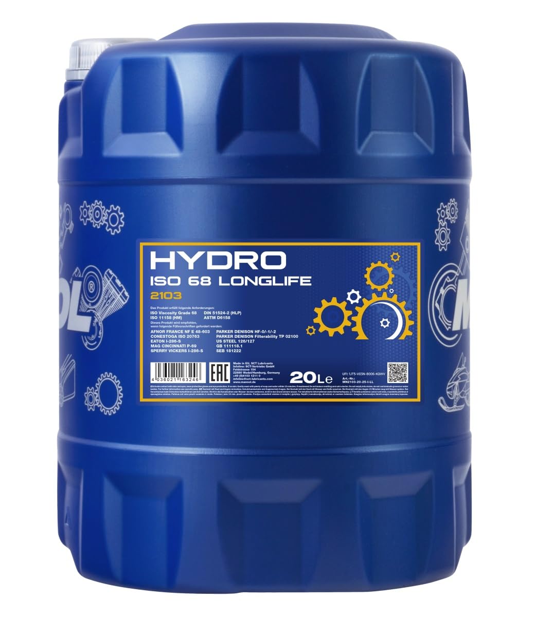 MANNOL | Aceite Hidráulico Mineral HYDRO ISO 68 | 2103-20L | Alta Resistencia a Cargas, Presión y Temperatura | Compatible con Equipos Industriales y Móviles | Certificado DIN 51524-2 e ISO 11158