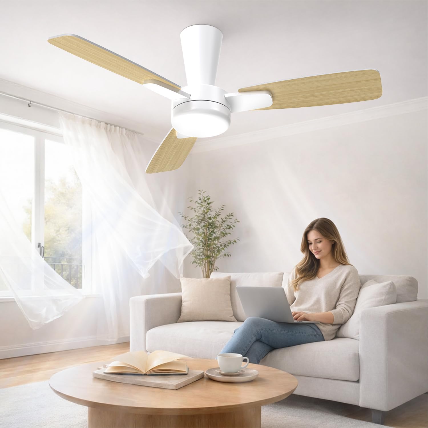41" Ceiling Fan with Lights and Remote, Modern 3-Blade Bedroom Ceiling Fan, Reversible DC Motor, 6 Speeds, Stepless Dimmable LED Ceiling Fan with Light for Living Room