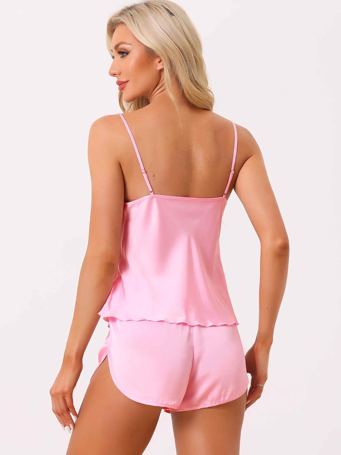 cheibear Womens Satin Pajamas Sets Cami Short Sets Sleepwear Sexy Silky PJ Set with Shorts - Image 3