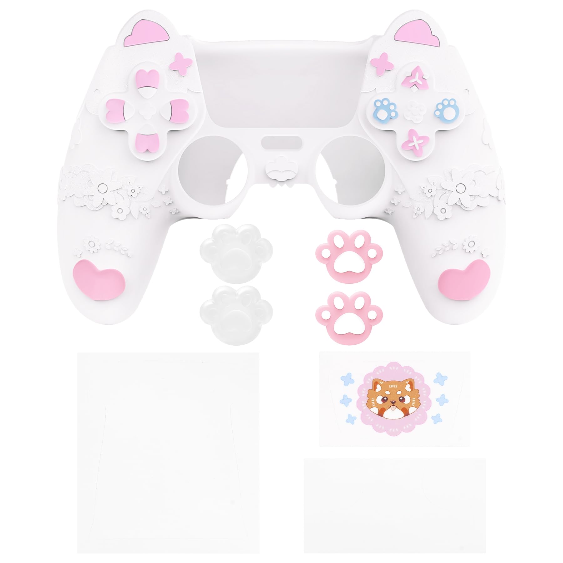 PlayVital Cover Controller per ps5 Joystick, Custodia Silicone Skin Antiscivolo&Copri Analogici&Adesivi, Adatto per ps5 Base di Ricarica, Panda Minore di Primavera Carino - Bianco