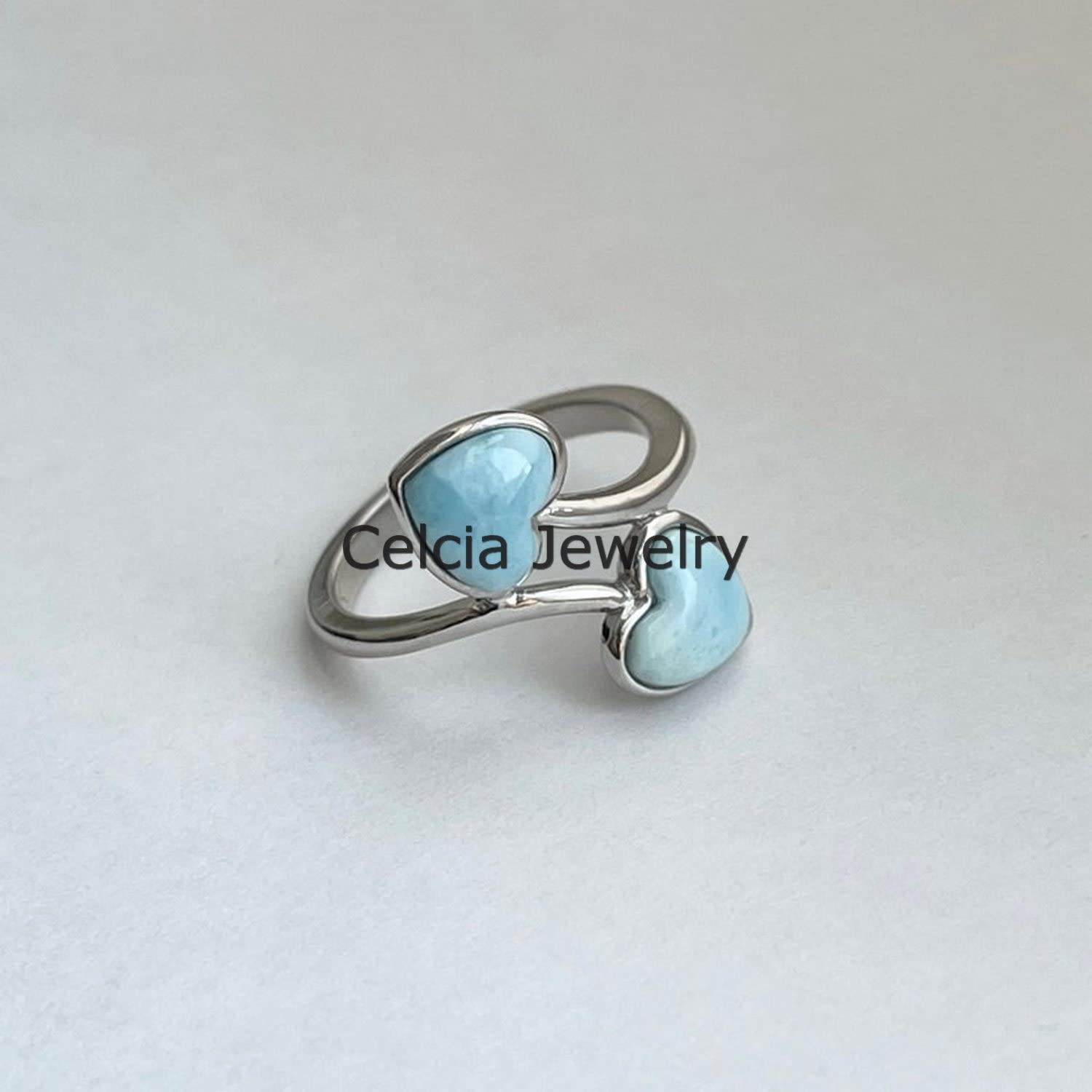 Anello a due cuori pietre preziose di Larimar, anello da donna in argento sterling solido, anello di promessa di compleanno, anello Boho per la festa della mamma bella (larimar)