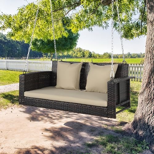 Image of Patio Outdoor Double Seater Swing Chair Without Stand for Balcony, Garden | Weather Resistant Rattan & Wicker Hammock Jhula for Adults | Outdoor Sofa Swing (Brown and Cream)