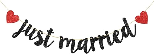 Cartel de Just Married – Cartel de boda – Decoración de despedida de soltera de boda (negro y rojo)