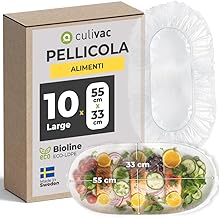 Culivac Sacchetti Alimenti Copri Vivande in Bioline ECO-LDPE, elastico in gomma naturale, BPA-Free. Pellicola trasparente per ciotole, cibo, torte, anti-mosche. 10 pezzi, 55x33 cm rettangolare.