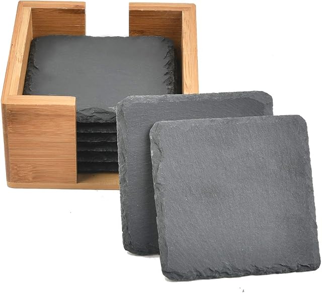 8 Pcs Natural Slate Coasters,Coasters with Holder,Coasters Drinks Slate,Square Table Mats Black Placemats Natural Stone Drinks Coasters with Wood Holder for Drinks, Cups, Bar, Glass (10x10cm)