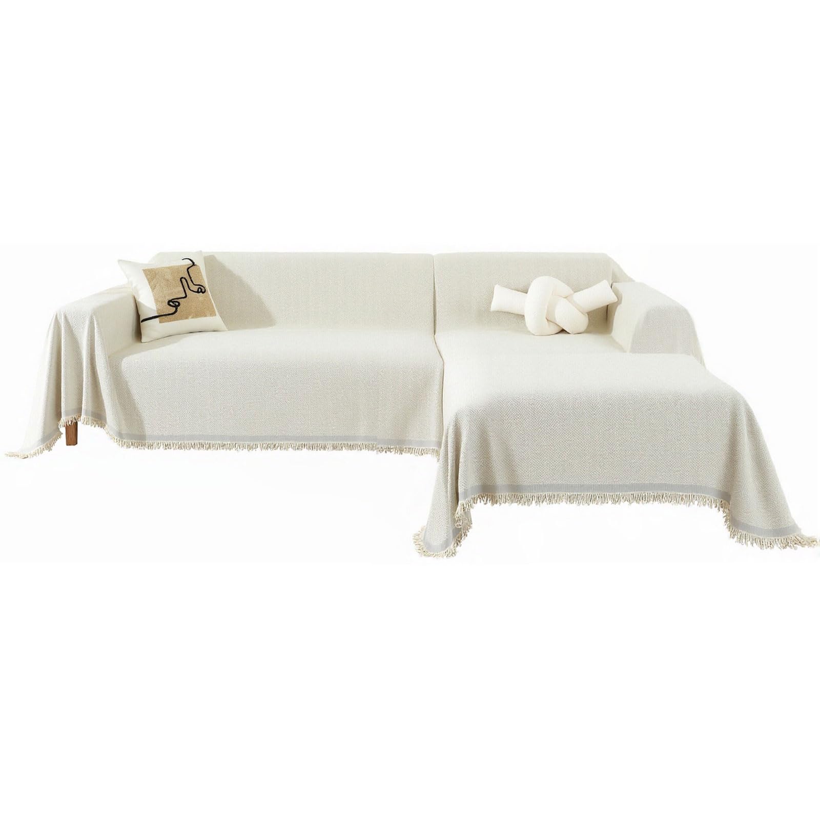 ShowyLive Set of 2 Sofa Cover 3 Seater + 3 Seater, Chenille Chaise Longue Sofa Cover for L-Shaped Sofa, 180 x 300 cm, Cream White