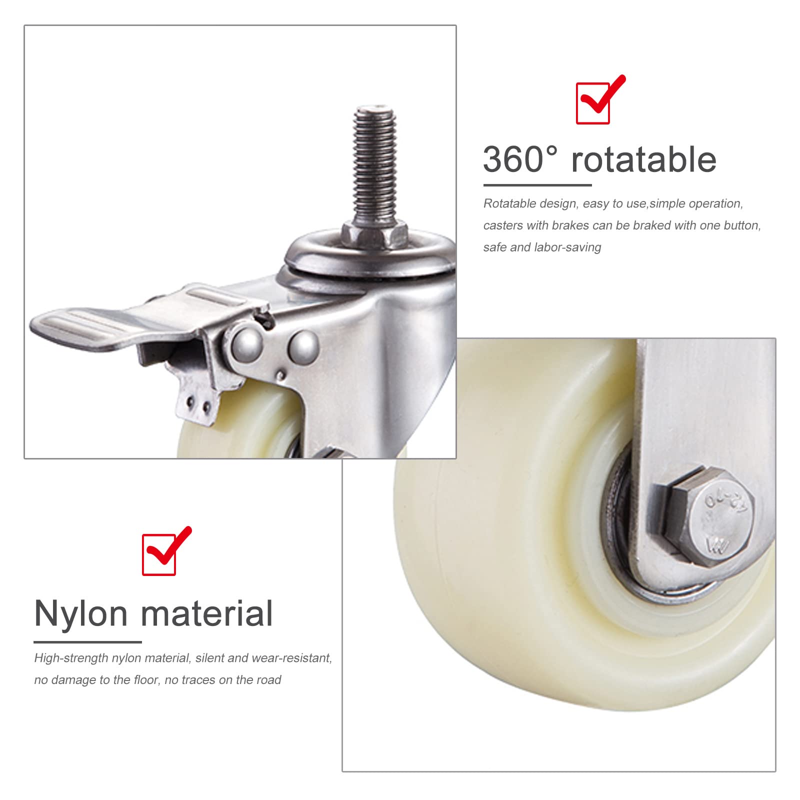 Ruote girevoli in Nylon da 40 mm/50 mm, Ruote girevoli per carichi Pesanti con Freno, Ruote sostitutive per mobili, Ruote per Trasporto, silenziose/Resistenti all'Usura, carico 200 kg/240 kg