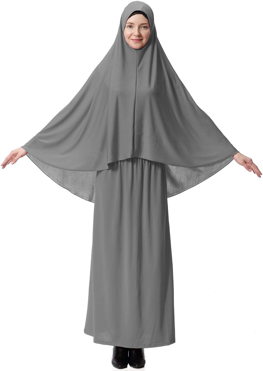 comcribMuslim Dresses for Women Two-Piece Full Length Hijab Dress Robe Suit Abaya Scarf Dress Robe Gown Prayer Dress Top and Dress Sets Basic Style