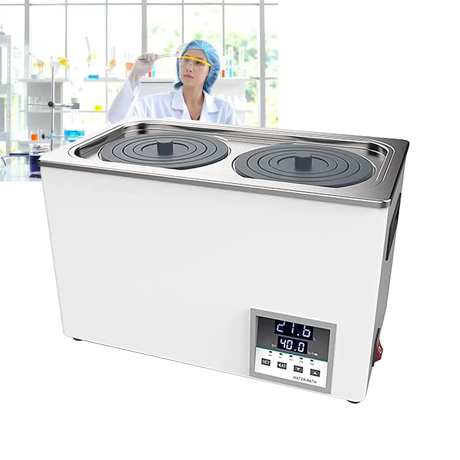 Baño María de Laboratorio (antiseco), Calentador Digital de baño María de 1/2 4/6 Orificios, con Orificio de Drenaje + Tapa Ajustable + Soporte Impermeable (Doble Orificio, 600 W)