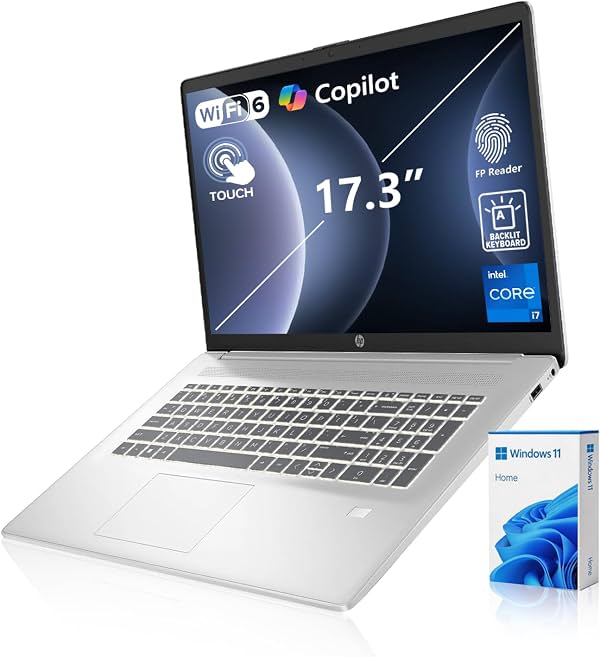 PCONLINE HP Essential 17 Laptop empresarial con IA, pantalla táctil HD+ de 17.3", Intel i7-1355U, RAM personalizable 16GB/64GB, SSD 1TB/2TB, HDMI, teclado retroiluminado y teclado numérico, lector de huellas, Wi-Fi 6, Win11H