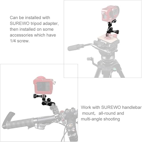 Miniatura 5 de SUREWO Soporte de brazo de extensión giratorio dual compatible con GoPro Hero 12 11 10 9 8 7 6 5 Negro, DJI Osmo Action 2, AKASO, Campark y más