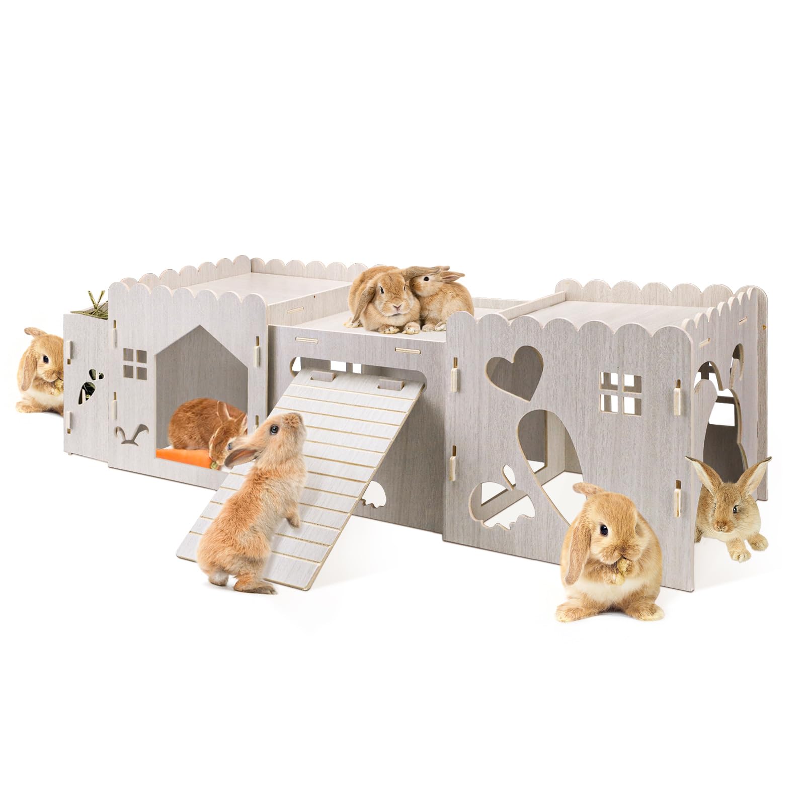 Nagelfreies, abnehmbares Kaninchenversteck mit Futternapf, Hasenrampe und mehreren Löchern, großes Hasenschloss aus Holz, niedliches Kaninchenhaus für syrische Hamster, Eichhörnchen