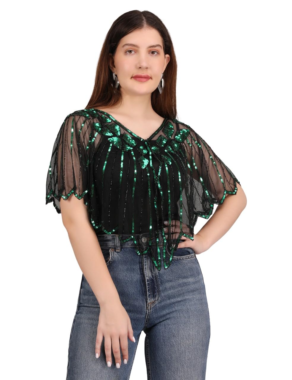 Women’s Sequin Sheer Poncho Top – Black & Green Embellished Cape Style Overlay | Lightweight Mesh Kaftan Shrug for Jeans, Dresses & Festive Outfits.-image-37