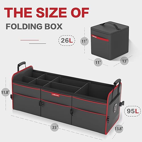 Miniatura 2 de LIBZAKI Organizador de maletero de automóvil, 3 compartimentos, gran capacidad, plegable, caja de almacenamiento resistente de 95 litros para
