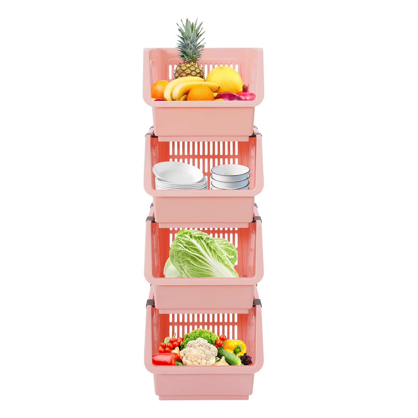 WsrrLun 4 Pcs Stackable Storage Baskets, Large Capacity Movable Organizer Baskets Set for Kitchen Living Room Office, 55 lbs Load (Pink)