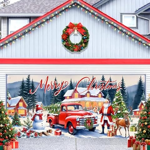 ROCKY&CHAO Christmas Garage Door Decorations, 7x16ft Red Truck Christmas Garage Door Cover, Christmas Garage Door Banner Christmas Garage Door Backdrop for Christmas Holiday New Year Party Cover