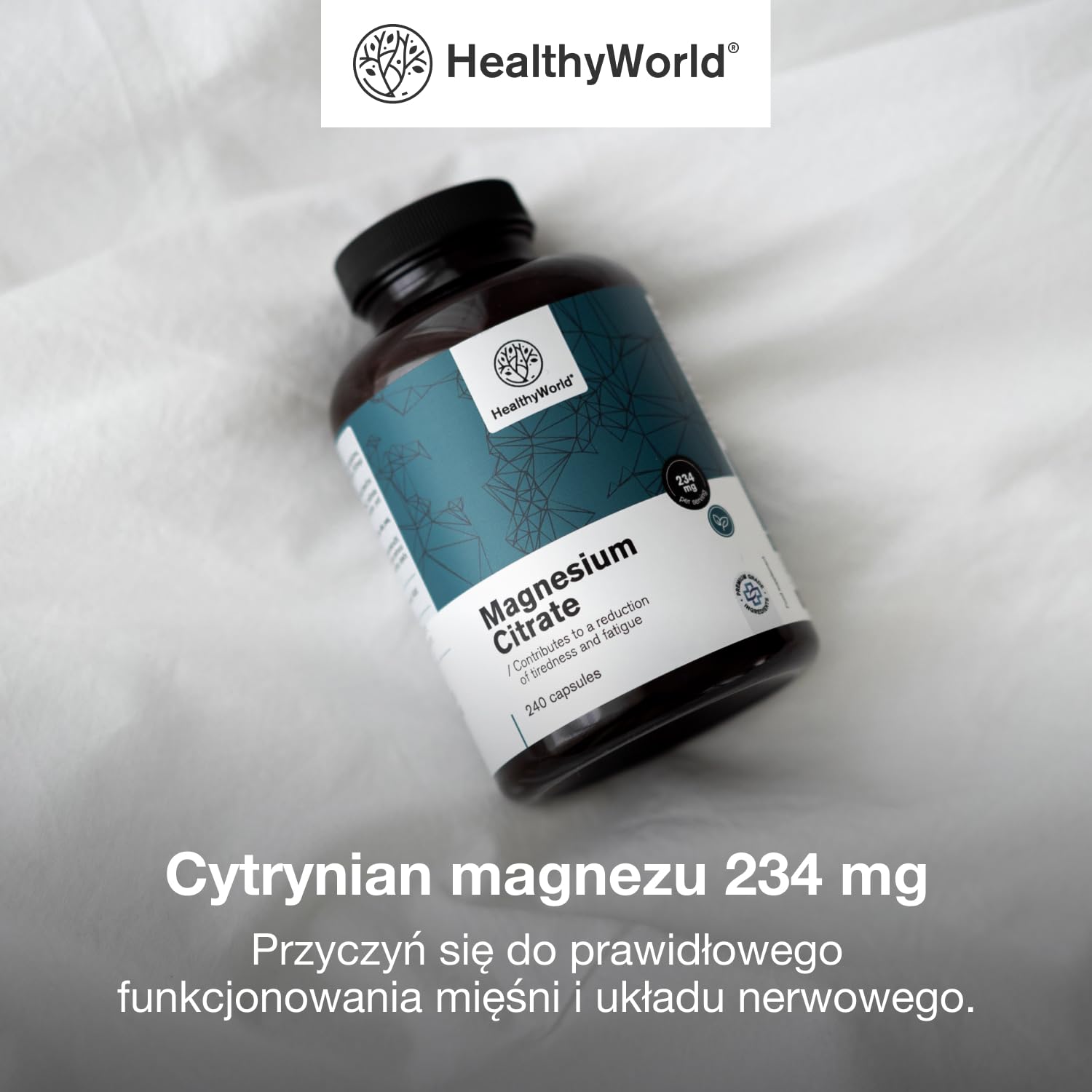 HealthyWorld Cytrynian magnezu 234 mg - 240 Kapsułek Roślinnych - Na ponad 7 Miesięcy - 480 mg Cytrynianu Magnezu i 270 mg Tlenku Magnezu - Na Wsparcie Mięśni i Wzrost Energii