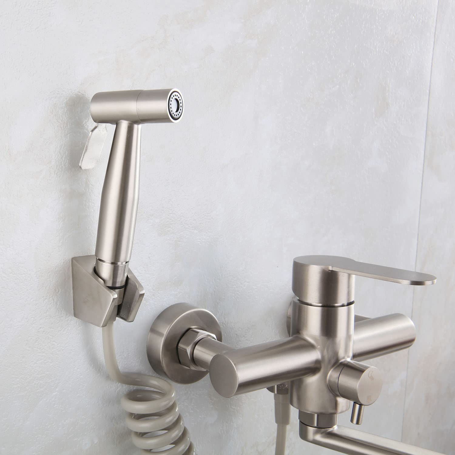 HomeLava Grifo de cocina pared de acero inoxidable 304 de grado alimenticio con pistola rociadora y caño giratorio de 360°, Proceso cepillado, caño 35 cm