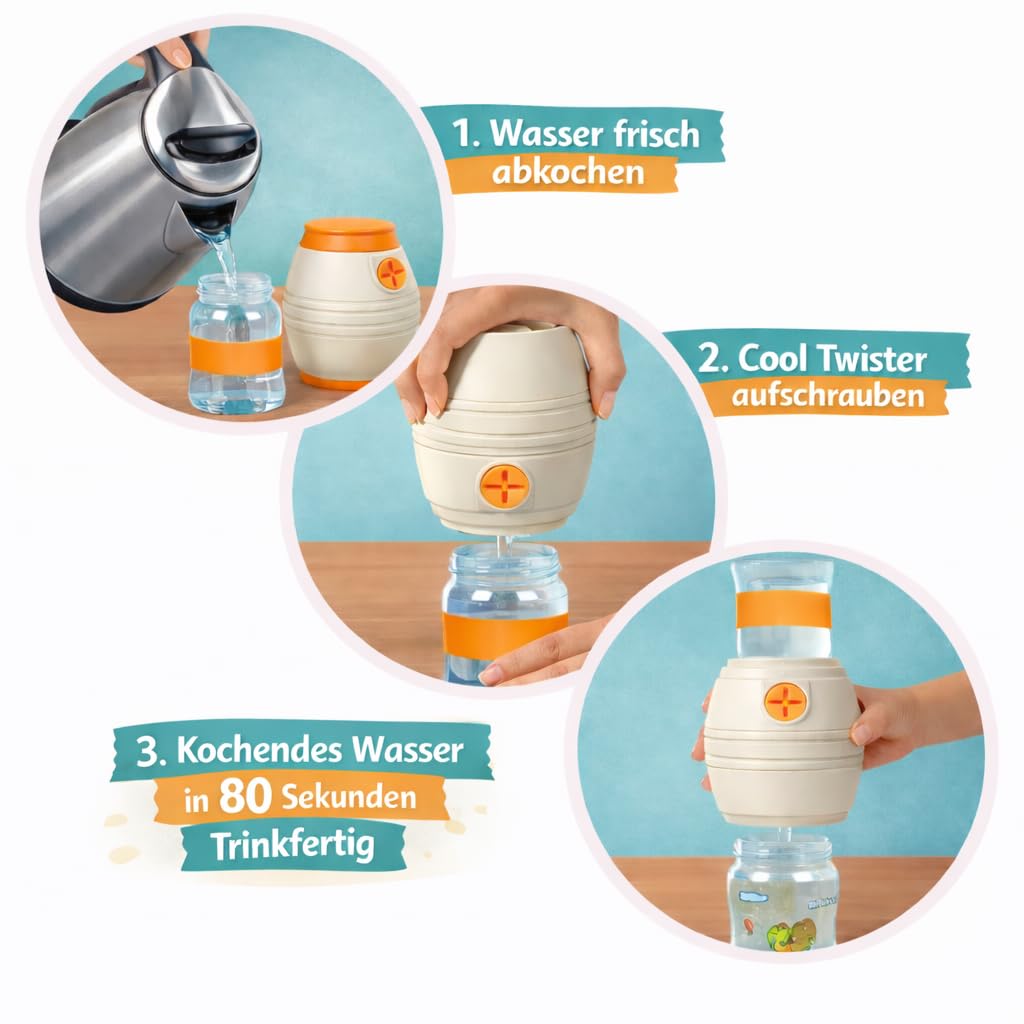 Fläschchenwasserkühler, kühlt kochendes Wasser in nur 80 Sekunden auf 40°C/50°C/60°C ab, ohne Strom, sehr einfache Handhabung, Made in Germany, exklusiv in diesem Shop!