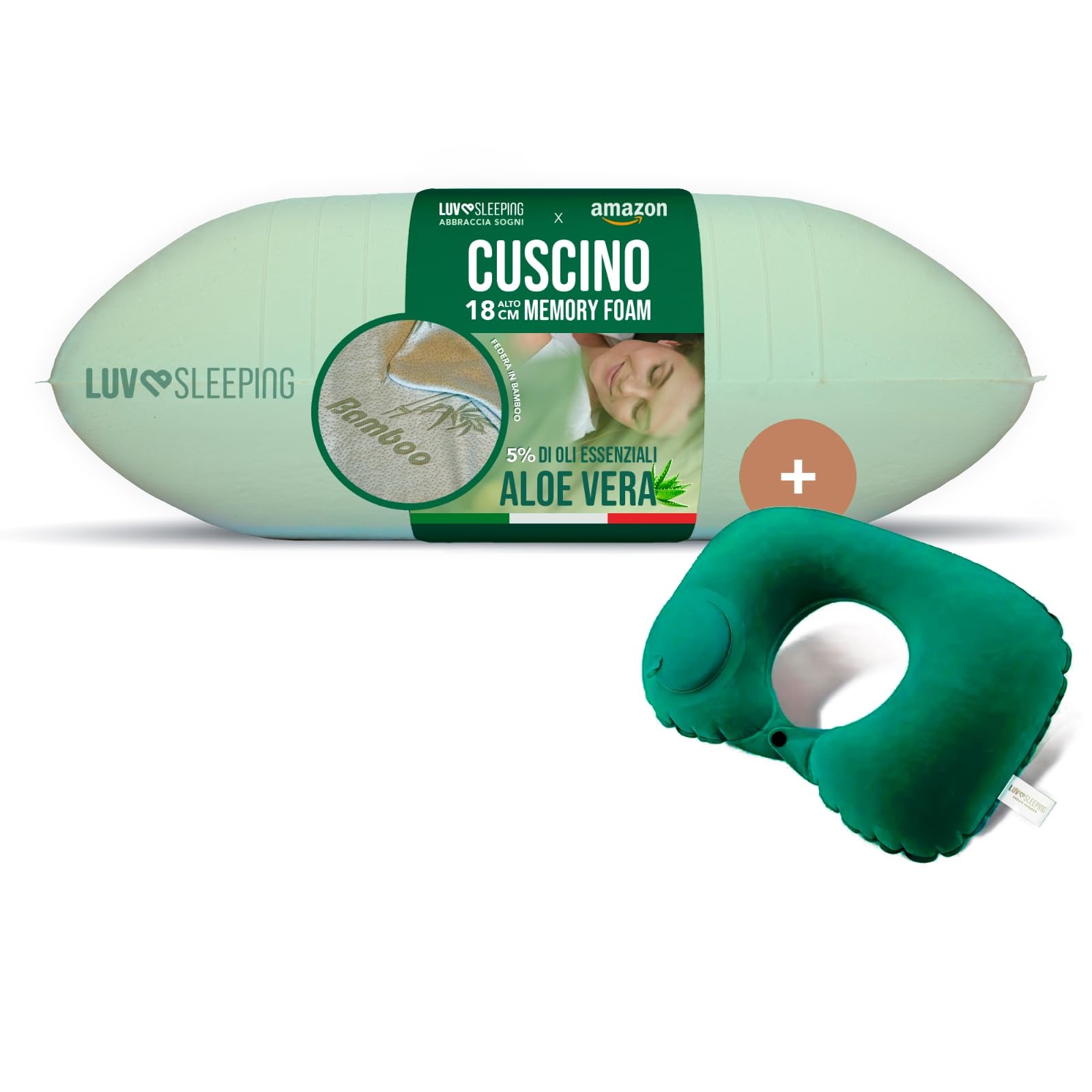 LUVSLEEPING - Cuscino Alto 18 cm in Memory Foam ad ALTA DENSITÀ Antirussamento e Antireflusso con Aloe Vera e federa in Bambù Lavabile | 100% Made in Italy