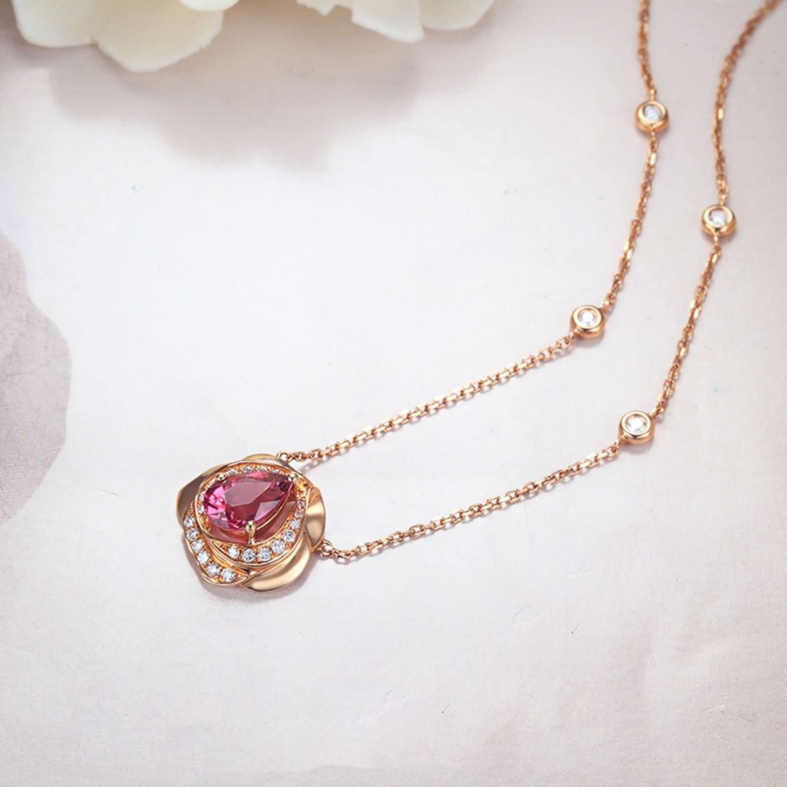 Ciondolo per Collana Oro Rosa, Collana per Fidanzati Donna con Tormalina 1 Carati e Diamante Sintetico, Gioielli con Pietra del Mese di Nascita