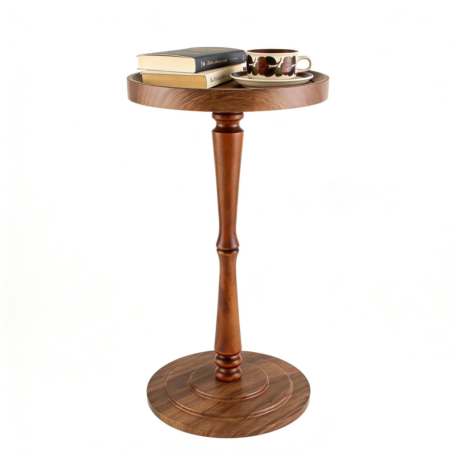 Simcat Round Side Table Bamboo Joint Design, Small Round Coffee Table for Small Spaces with Solid Wood Leg for Living Room, Bedroom, Corners, and Office (Walnut)