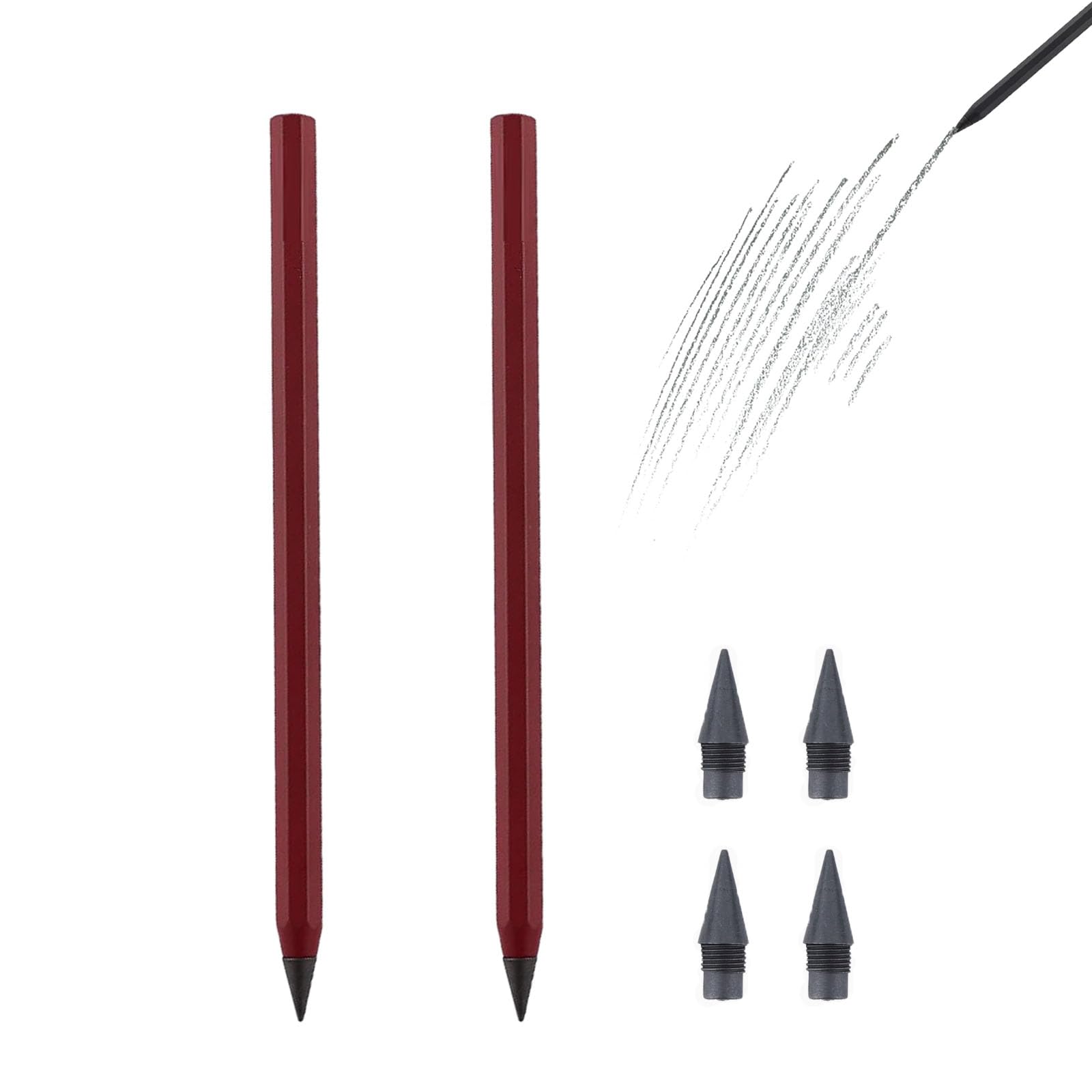everpen Forever Pencil,Metal Infinity Pencil with Replaceable Nib, Metal Alloy Writing Instrument, With 12 Colored Refill Tips, Pencils for Drawing, Sketching and Writing (2pcs-Red)