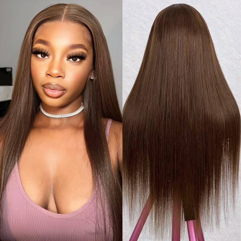 Chocolate Brown Human Hair Wig 13X4 Straight Lace Front Wigs Human Hair 180 Density HD Frontal Wigs Pre Plucked Glueless Brown Lace Front Wig for Women 26 Inch