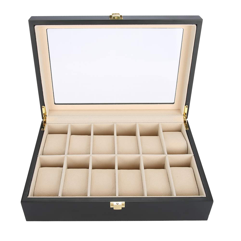 Portaorologio con 12 griglie Vetrina per orologio da polso trasparente in legno, scatola per orologi con fodera in flanella, chiusura in metallo resistente, organizer per 12