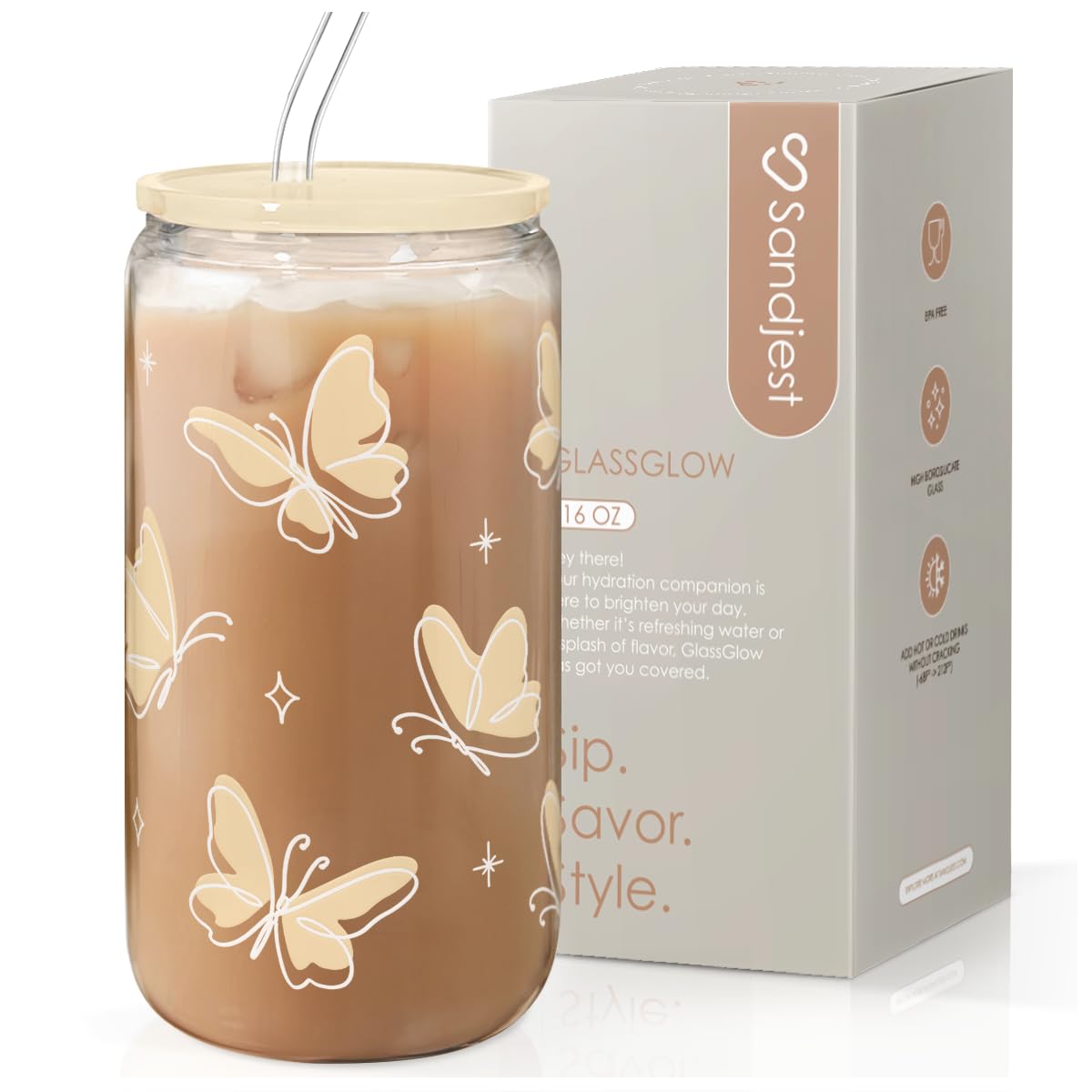 SANDJEST Butterfly Glass Can, Iced Coffee Aesthetic,Cup, Gifts for Christmas Birthday, Gift for Women Girls, 16oz