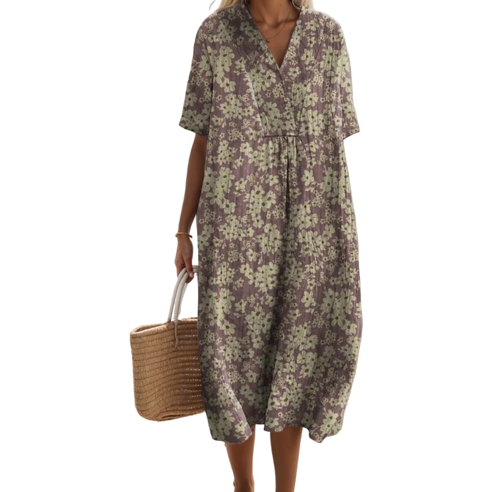 TIAFORD Womens Summer Boho Floral Retro V Neck Beach Sundress Casual Loose Short Sleeve Midi Flowy Dresses with Pockets