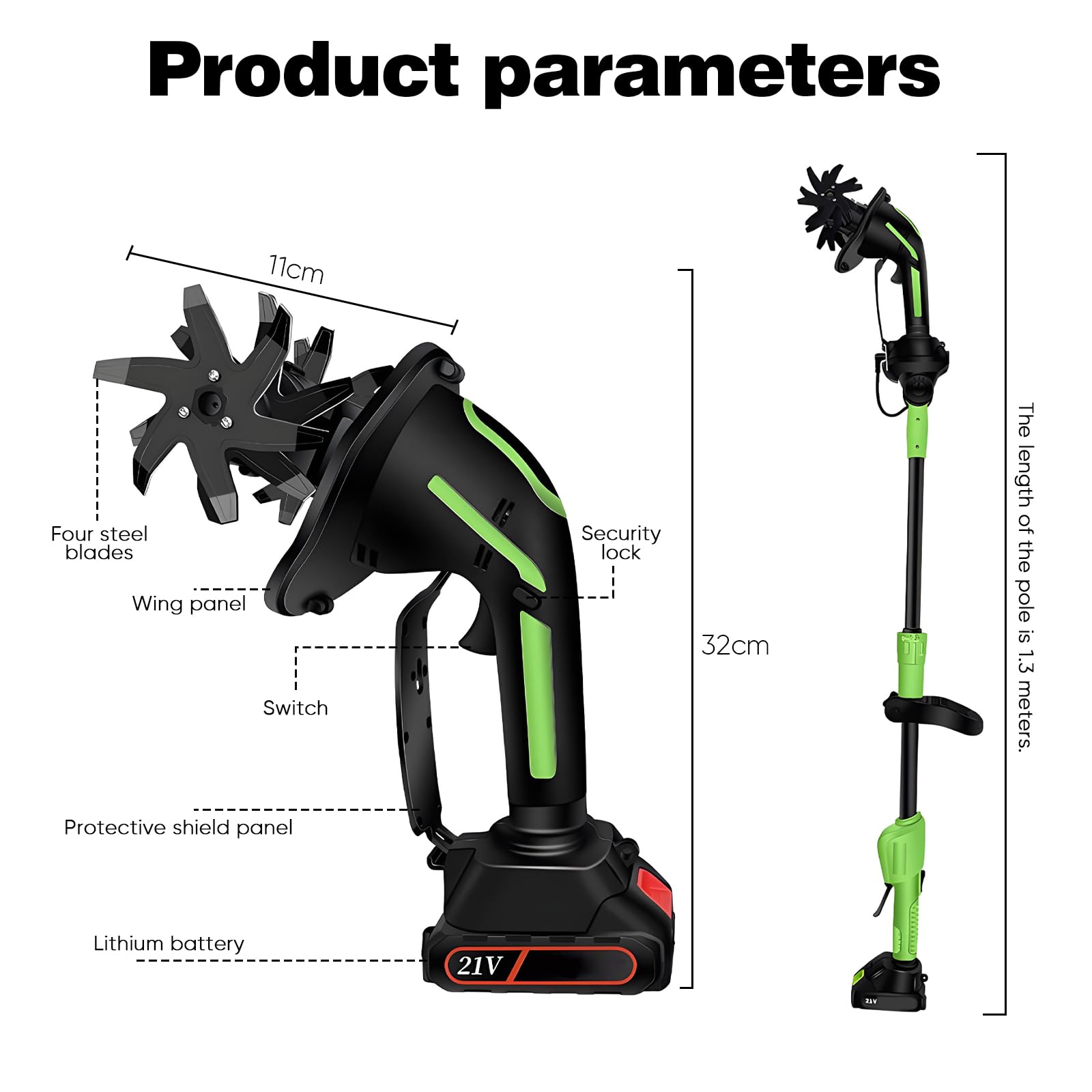 Motoazada Electrica, Mini Motoazada Portátil Varilla de extensión Desmontable de 1,3m,Ancho de Labranza 10cm, Profundidad de Labranza 10 cm Baterías 3000 mAh para Jardines y Huertos (2 Baterías)