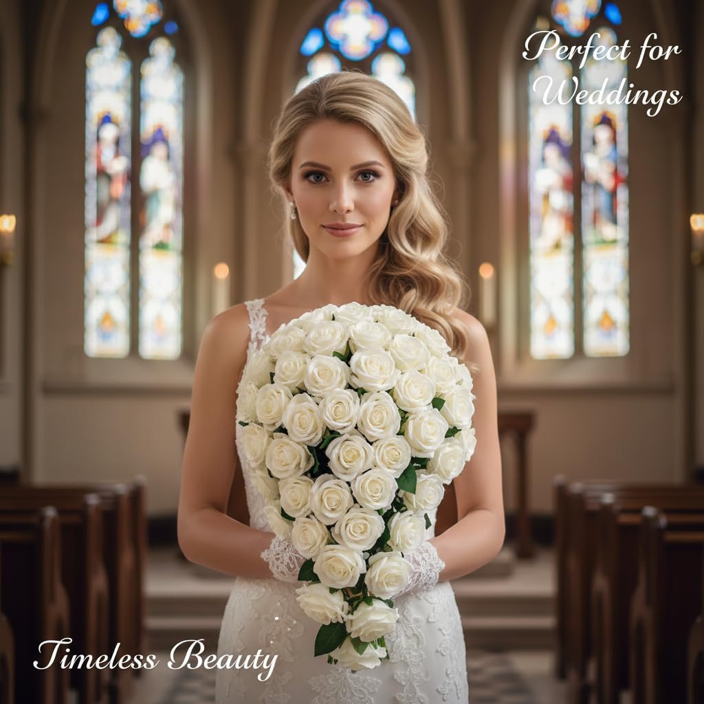 100 Pcs White Rose Artificial Flowers Bulk, Ivory Silk Fake Roses with Long Stem for Wedding Decoration, Bridal Bouquets, DIY Flower Wall, Party Table Centerpieces, Home Decor - Image 9