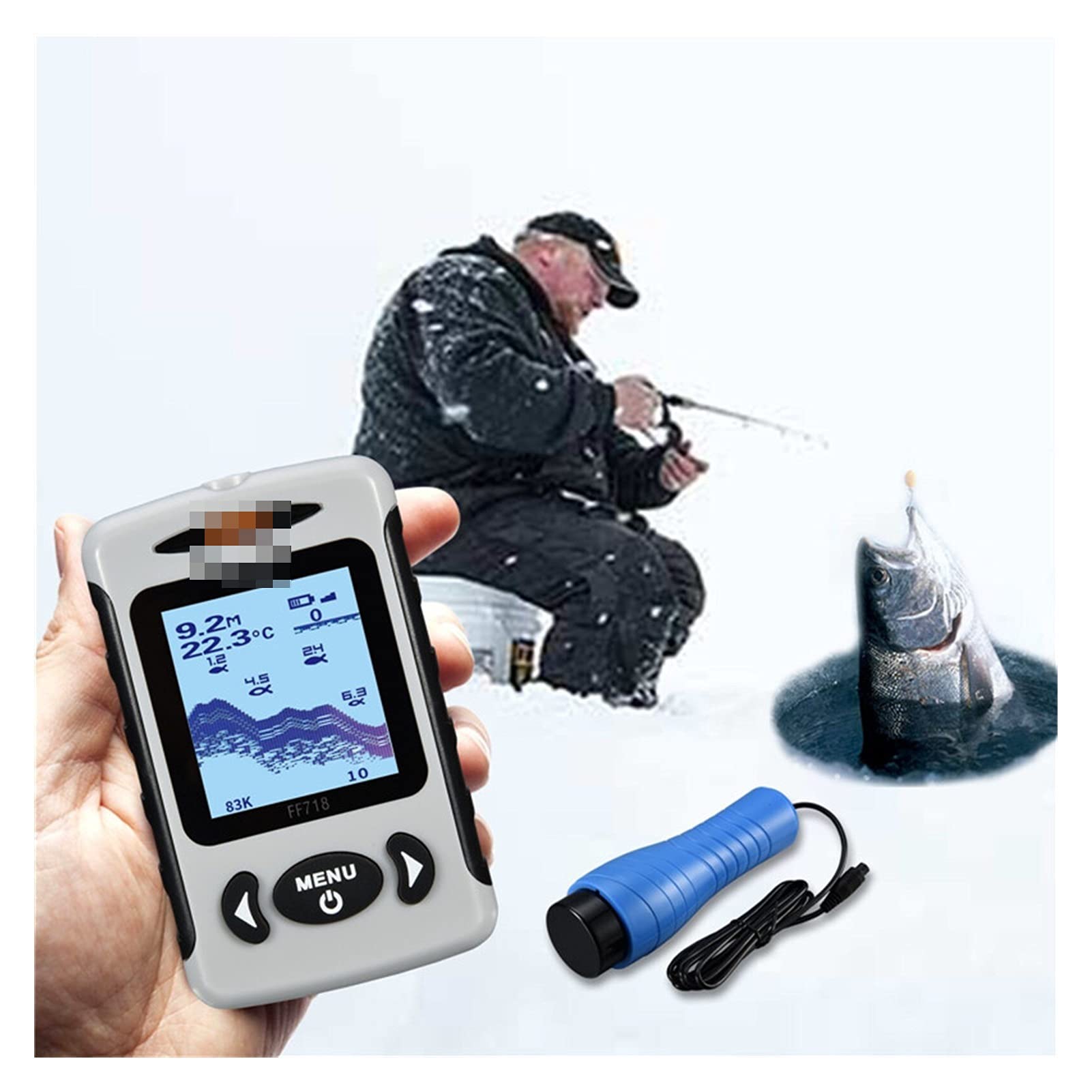 Buscador de Peces, 2. Pulgadas LCD Finder portátil de Pescado 200kHz / 83KHZ Doble Sonar Frecuencia 100M Detector Pesca con Hielo