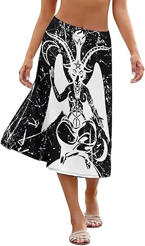 Satanic Goat Baphomet Midi Length Skirt for Women Elastic High Waist Swing A-line Skirts Casual Summer Skirt