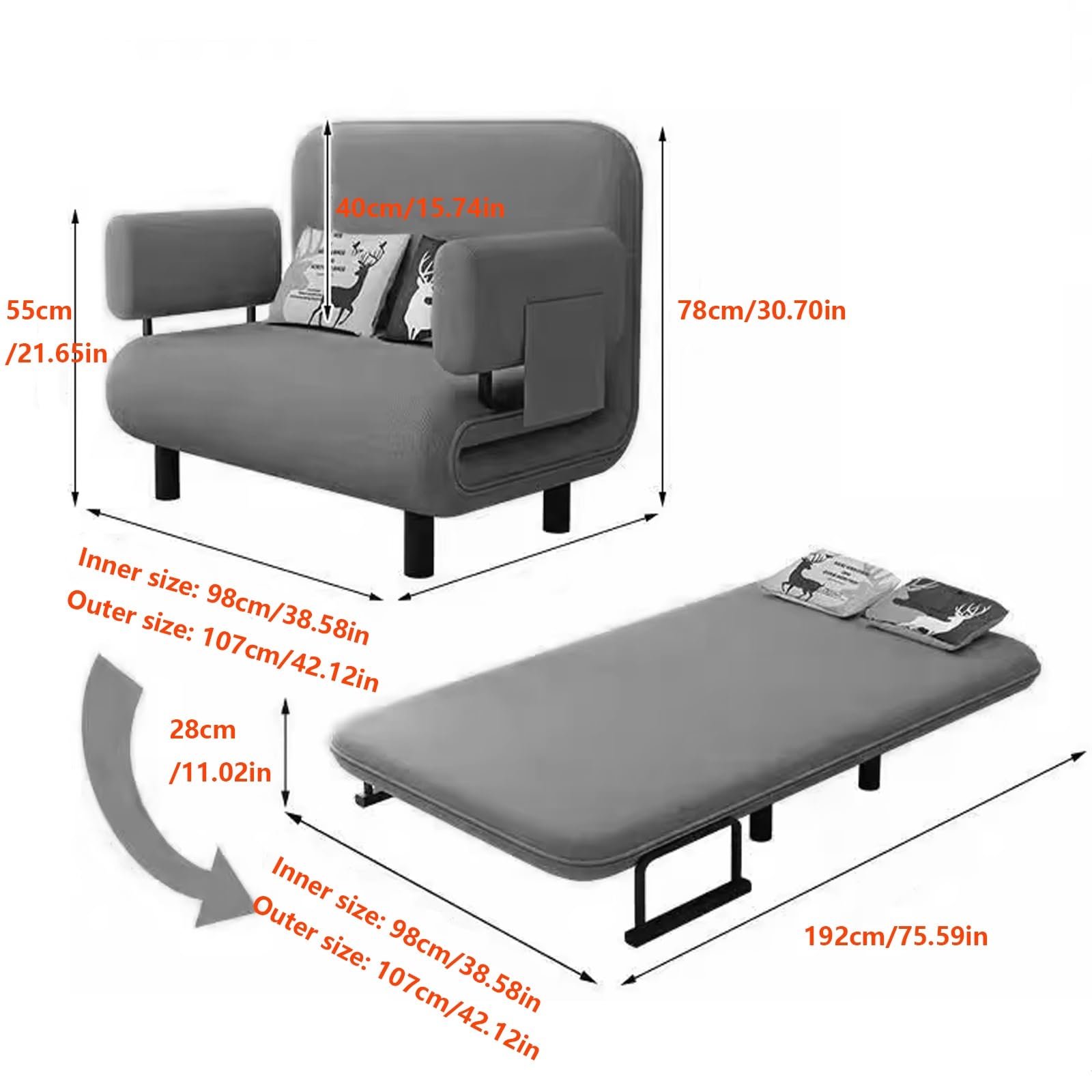 Schlafsessel Mit Bettfunktion 3-in-1 Schlafsofa Umwandelbar Mit Armlehnen Ergonomie Chaiselongue Robuster Stahlrahmen Für Wohnzimmer, Schlafzimmer(Beige,192 * 100 * 28cm)