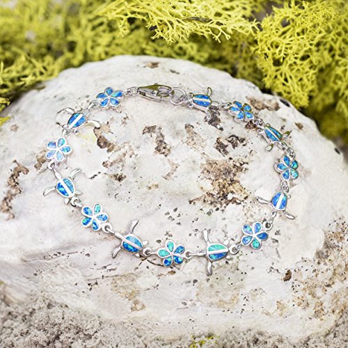 Honolulu Jewelry Company Sterling Silver Turtle Ocean Sea Life And Plumeria Flower Nature Bracelet With Simulated Blue Opal #TOP2