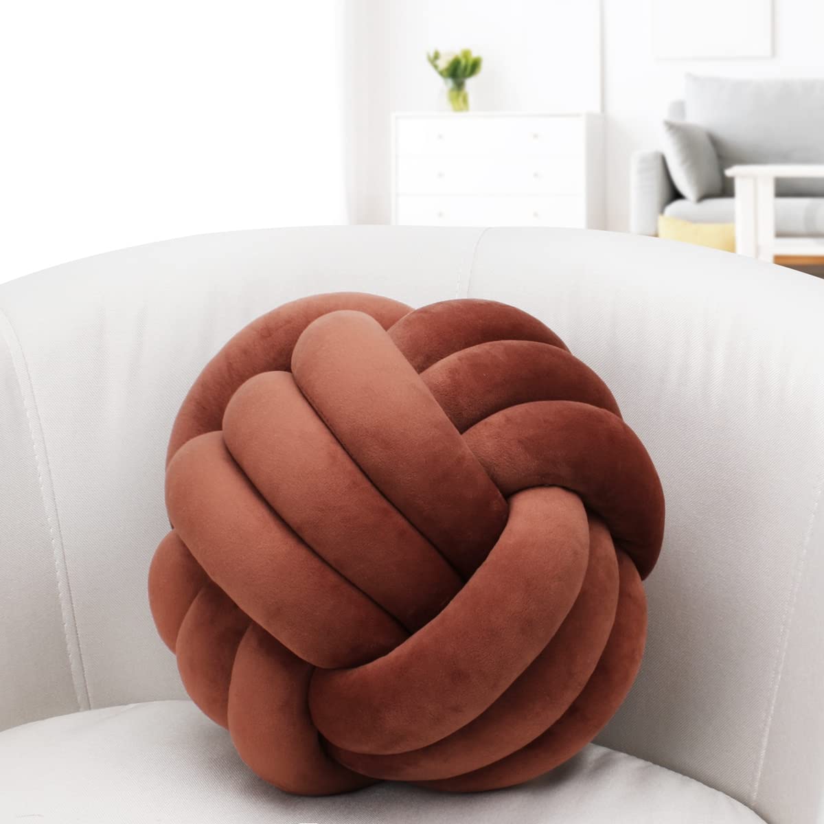 IIQI Knot Ball Pillow, Soft Knotted Cushion for Home Decor【1 Free Washing Bag Included】 Round Throw Pillow Lumbar Pillows (Firebrick 113,22cm)